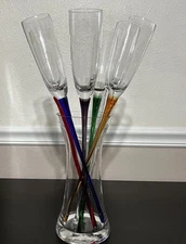 HANDBLOWN ArtLand Flute Champagne Glasses Set of 6 Long Multi-Color Stems & Vase