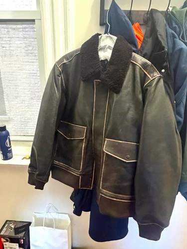 rag & bone Men’s XL Black Leather Bomber Jacket Collared Zip Short Solid - product listing photo