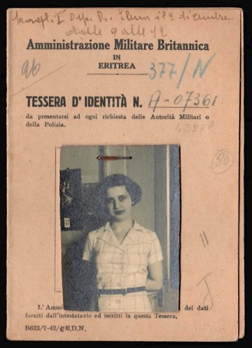 WWII 1942 Eritrea Identity Card Italian Colony under British Occupation Asmara