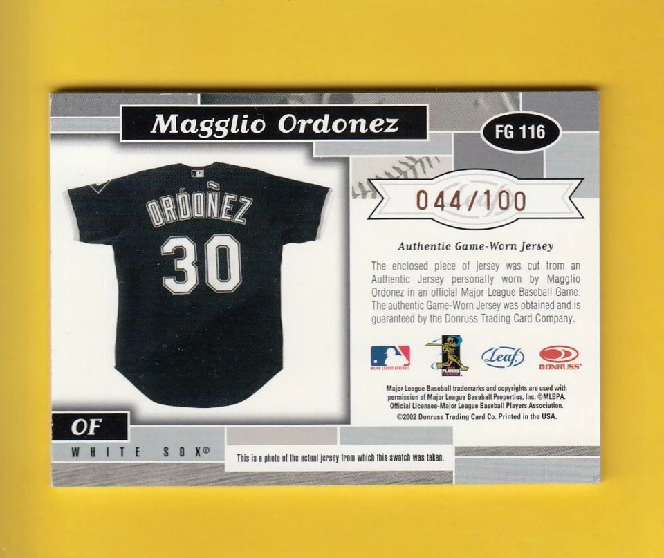 2002 Leaf Certified Fabric of the Game Magglio Ordonez White Sox NM-MT+ 44/100 - Image 2 of 2