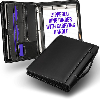 Zipper Portfolio Binder with Carrying Handle | Removable 3-Ring Binder (1'') W/Cl