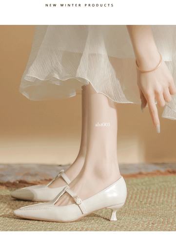 Spitz zulaufende Mary Jane Damenschuhe mit T-Riemen Schnalle mittelhoher Pfennigabsatz Arbeit - Bild 20 von 25