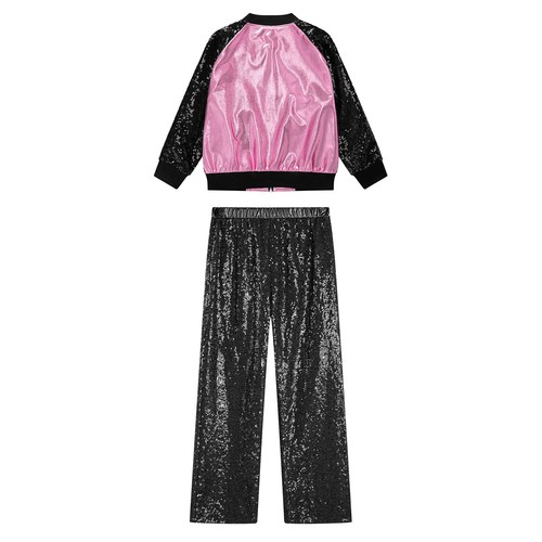 Kids Girls Dancewear Zipper Outfit Sequined Tracksuits Set Jacket Stand Collar - Picture 118 of 133