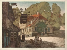 KARL WENDEL XRare Antique c1908-18 Chromolithograph IN FRONT OF THE HOSTEL