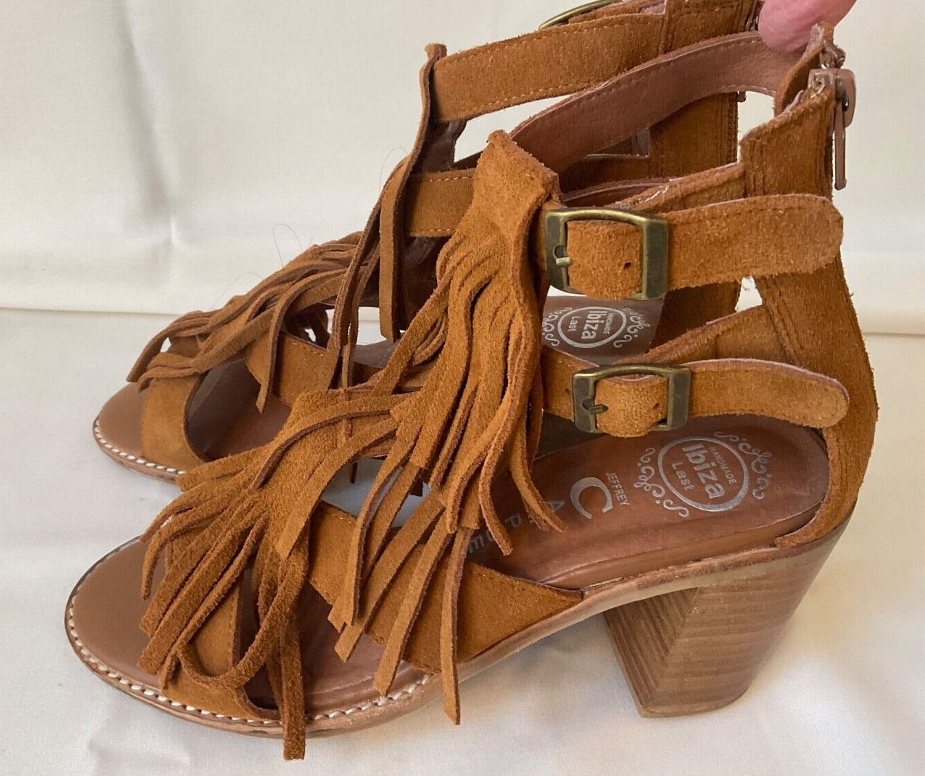 Jeffrey Campbell Ibiza Dodge Fringe Heels Shoes Sz 8 Brown Suede Buckle Straps