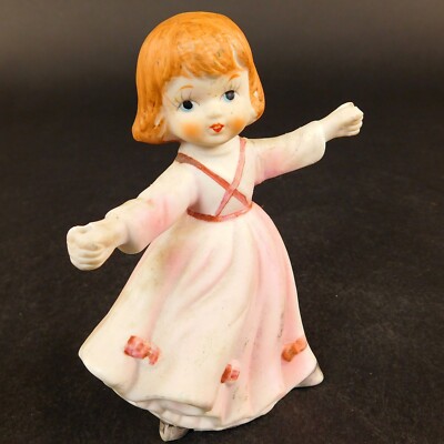 CMA INC 1979 Figurine Girl Jumping RopeWhite  Pink Dress Missing Rope 5'' Tall