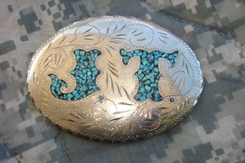  VINTAGE 1970s  TURQUOISE SOUTHWESTERN DESIGN BELT BUCKLE with INITIALS  - Picture 1 of 6