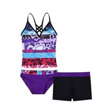 Kids Girls Floral 3 Pcs Tankini Crisscross Back Tank Top bikini  short size 14