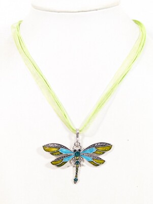 Boho Western Blue Green Enamel Dragonfly Pendant Green Ribbon Necklace 18 in