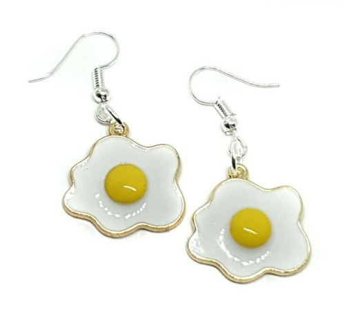 Fried Egg Earrings Drop Dangle Enamel Silver Gold Tone Quirky Fun Jewellery - Picture 8 of 10