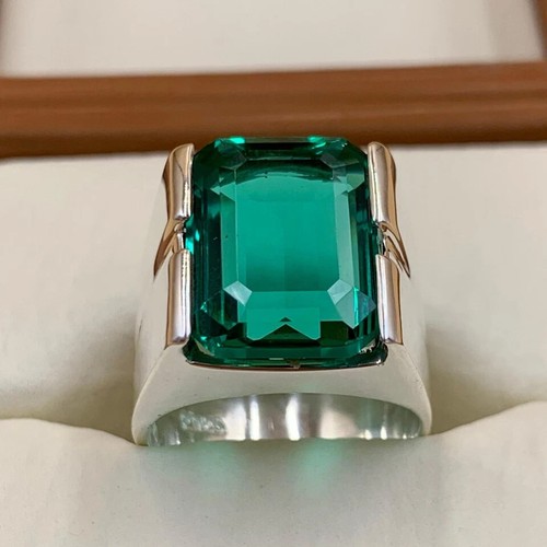 Rich Green Emerald Ring For Men, 925 Sterling Silver Zamurd Ring Gift For him - Picture 5 of 5