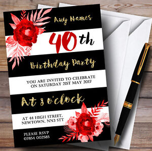black white striped gold red flower 40th personalised birthday party