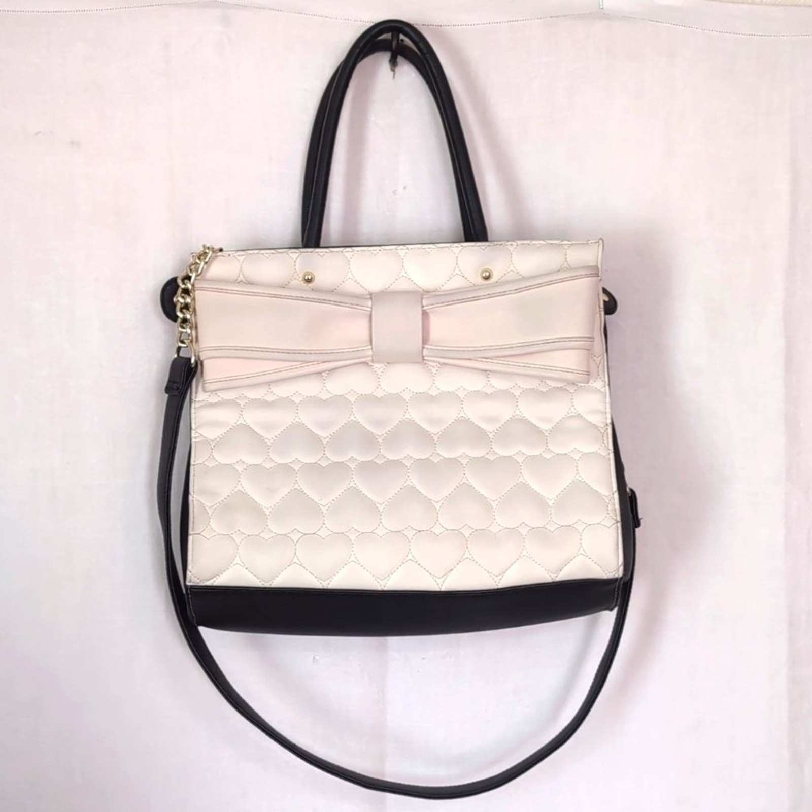 Betsey Johnson Quilted Hearts Faux Leather Tote Bag with Cross Strap