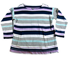 T by Talbots Womens Sweater Sz MP Purple Blue Striped 3/4 Sleeve Pockets
