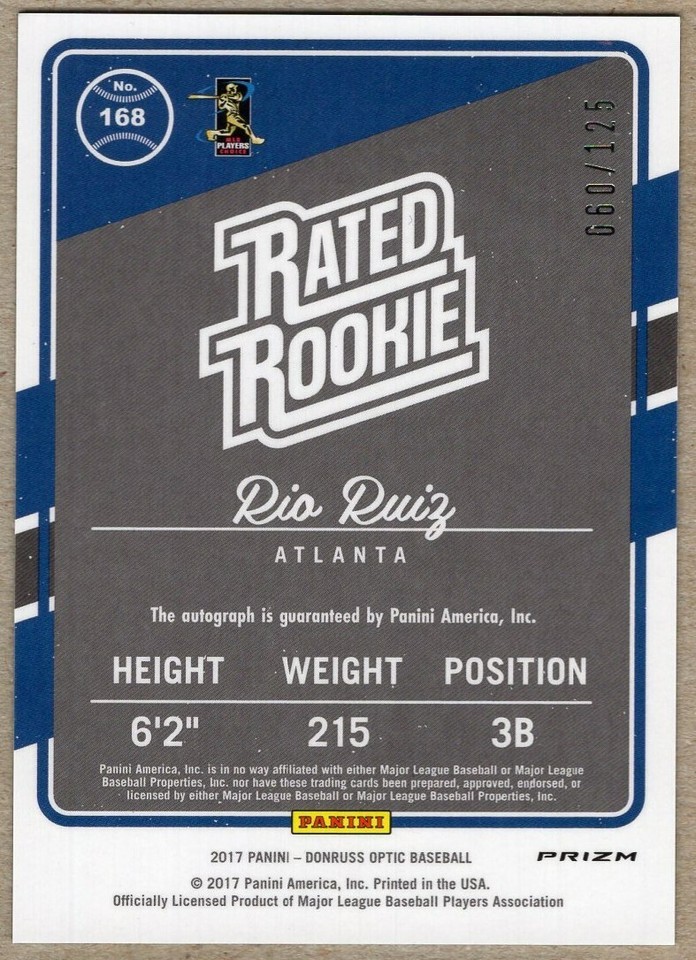 RIO RUIZ - 2017 DONRUSS OPTIC RATED ROOKIE AQUA PRIZM AUTOGRAPH RC /125 ...