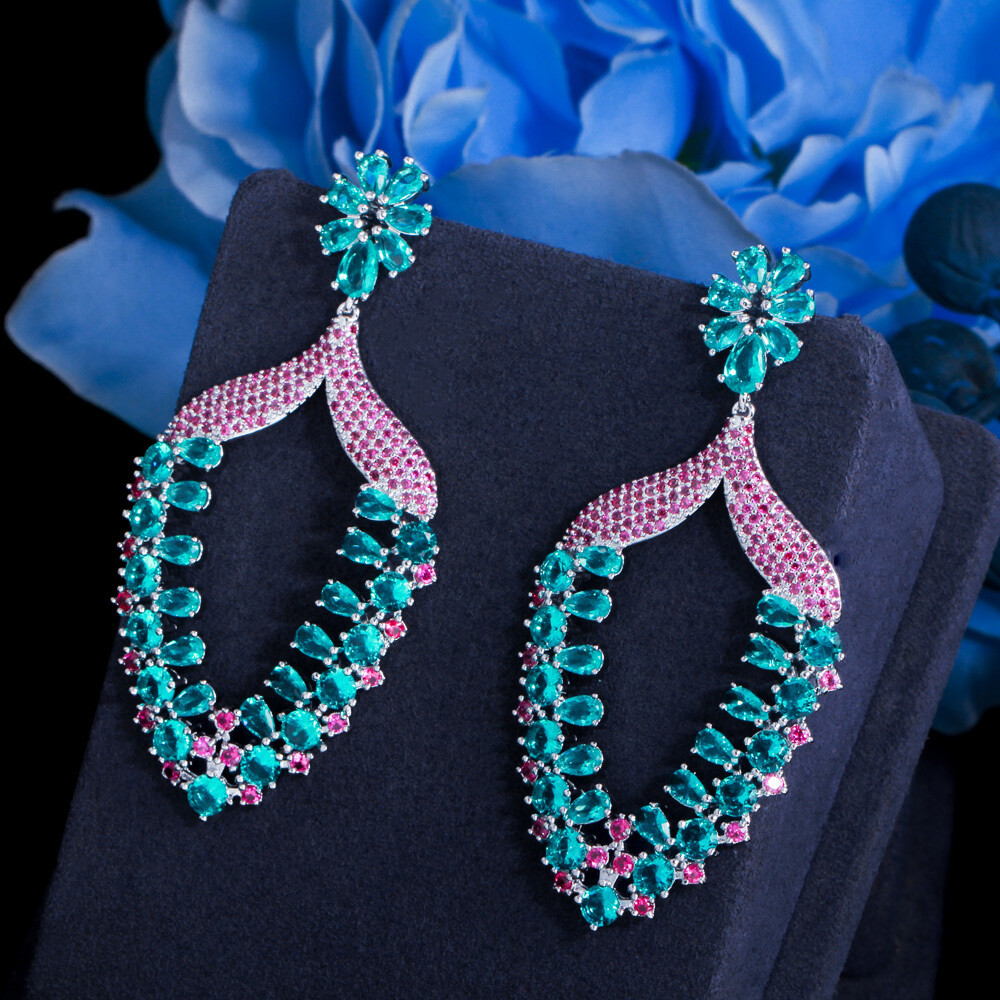 Women Big Statement Earrings Long Drop Dangle Zircon Party Silver Plated Jewelry