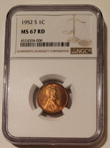 1952 S Lincoln Wheat Cent MS67 RED NGC Toning