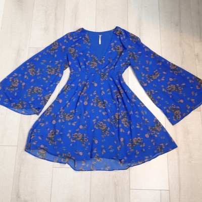 Free People Sz XS Lilou Floral Bell Sleeve Mini Dress Cobalt blue floral v neck