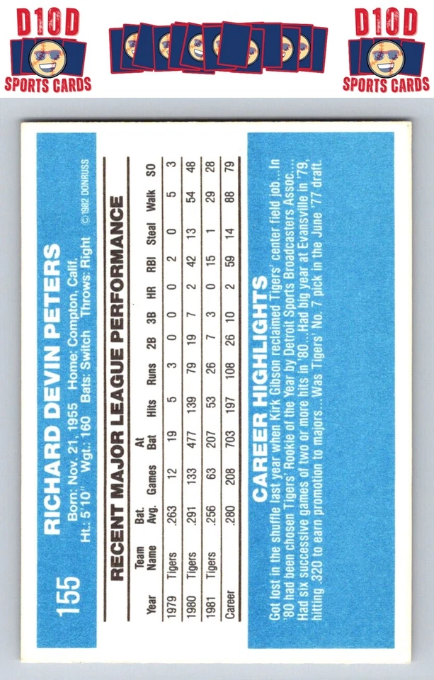 1982 Donruss #155 Rick Peters Detroit Tigers - Image 2 of 2
