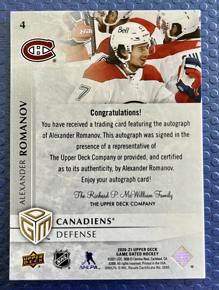 Alexander Romanov 2020-21 Upper Deck Game Dated Moments ACHIEVEMENT AUTO Rookie - Image 2 of 4