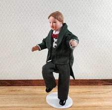 Dollhouse Man Doll Porcelain Dad Father Bow Tie 1:12 Scale Miniature Poseable
