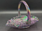 Fenton 1990s Art Glass Iridescent Amethyst Floral Carnival Twisted Handle Basket
