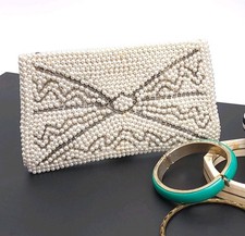 Silver Pearl White Beaded Clutch Purse Handmade Japan 50s Old Hollywood Handbag