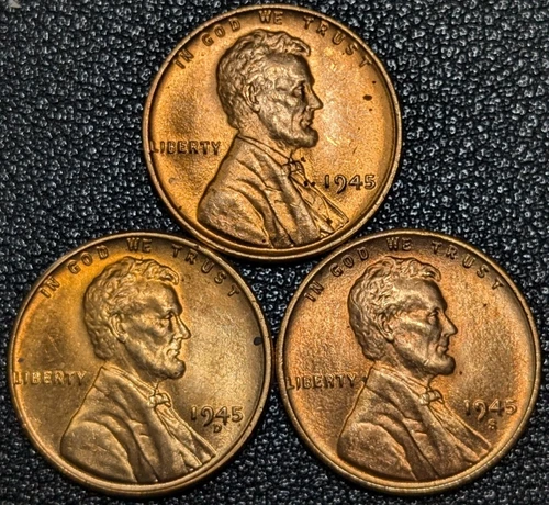 Lot of 3x Lincoln Cents - 1945 P, D, & S - BRIGHT RED UNC! - Ships Free!