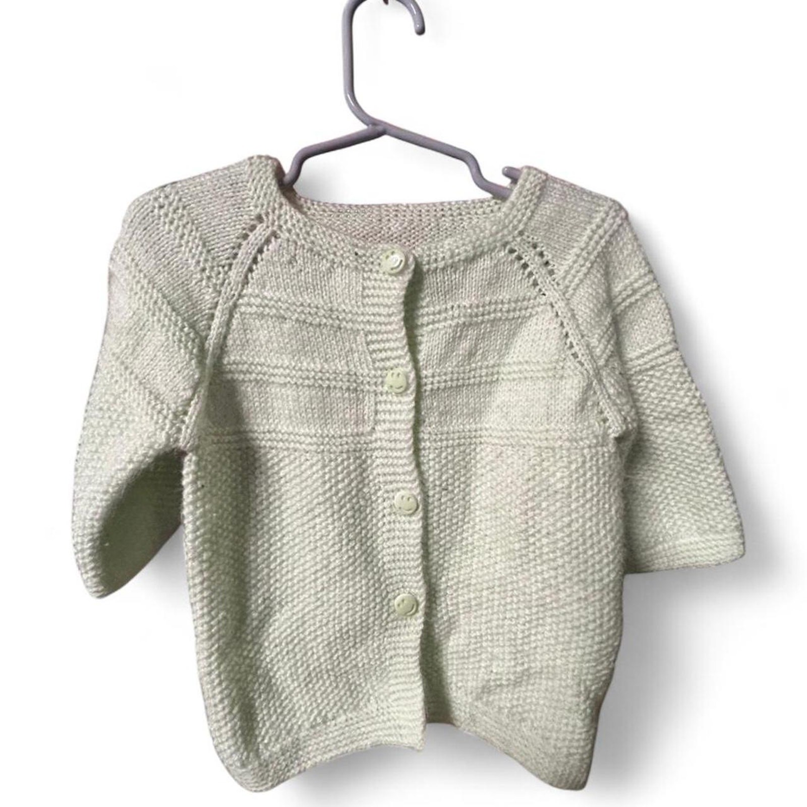 Handmade 3t light pastel green unisex cardigan with smiley face buttons 