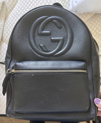 Gucci Black Logo Pebbled Backpack Chain Strap Top Handle Zip Pockets Silver