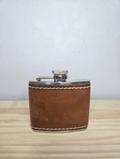 Vintage 4oz Pocket Hip Flask Brown Leather Wrapped Stainless Steel Liquor Barwar