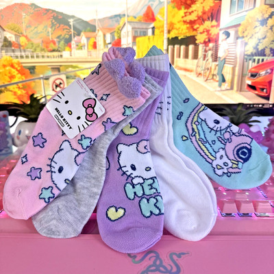Hello Kitty Kids Mid Crew Socks 5 Pair Pack Sanrio Pink Kawaii Pastel Car Hearts