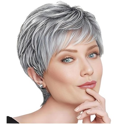 Perücke, Kurze graue Pixie, hitzebeständig, natürliche Schicht, synthetisch