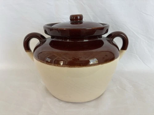 Vintage Mccoy #342 Brown & Cream Stoneware Crock/Bean/Soup Pot 7.5”H Ovenproof