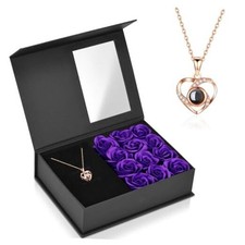 Preserved Real Rose with Heart I Love You Necklace, Eternal Flowers Rose Purple