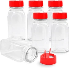 Paquete de 6 frascos de plastico especias de 9.5 oz con tapa roja transparentes