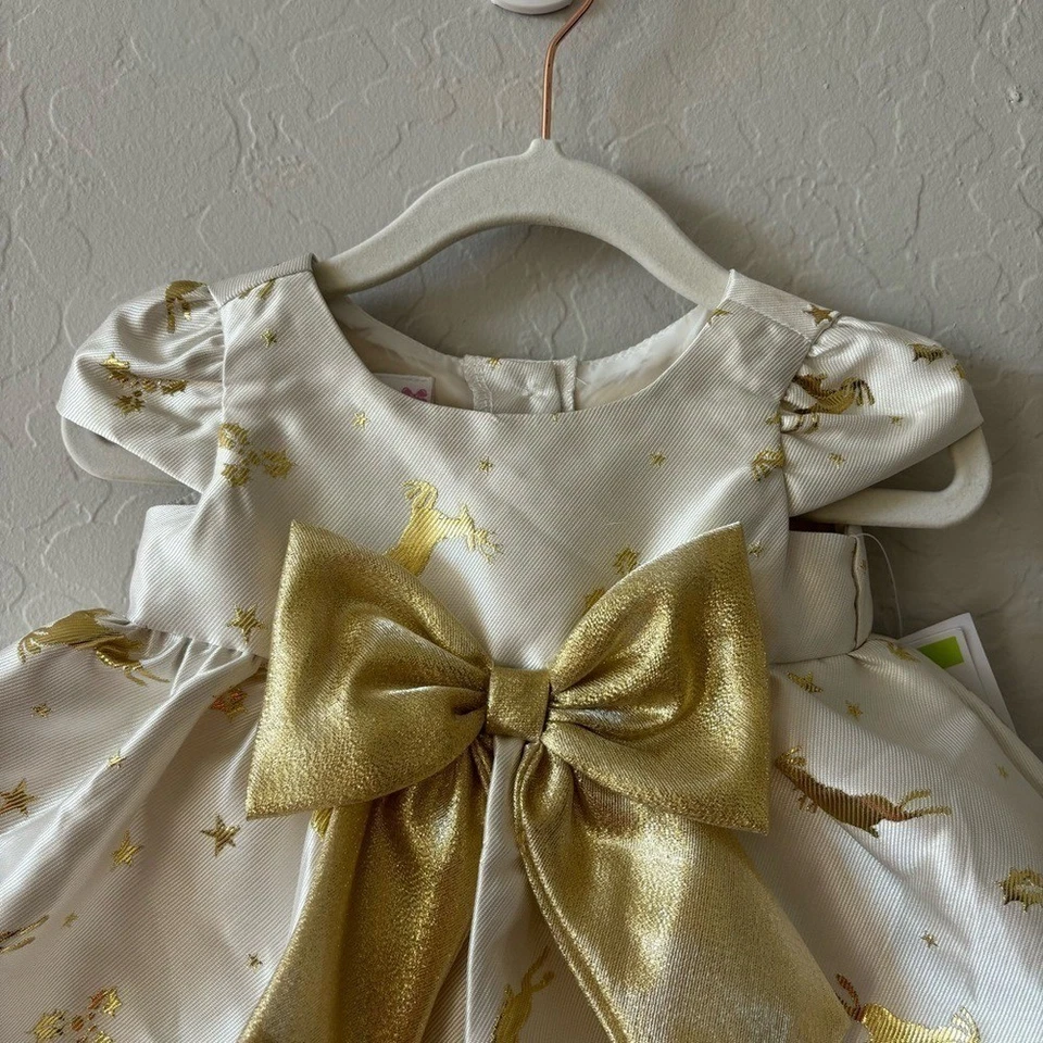 Vestido Bonnie Jean Bebé Blanco Dorado Estampado Ciervo Navidad Formal Manga Corta 3-6m Foto 4 de 4