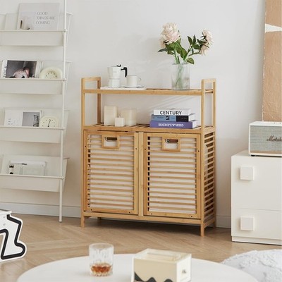 Double Tilt Out Laundry Hamper Bamboo 2 Removable Bags Pull Out Laundry Blasket