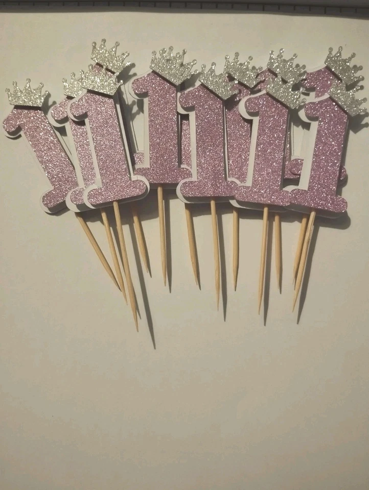 Number 1 First Birthday One Pink Princess Glitter Cupcake Toppers Cake Picks - Image 3 of 3