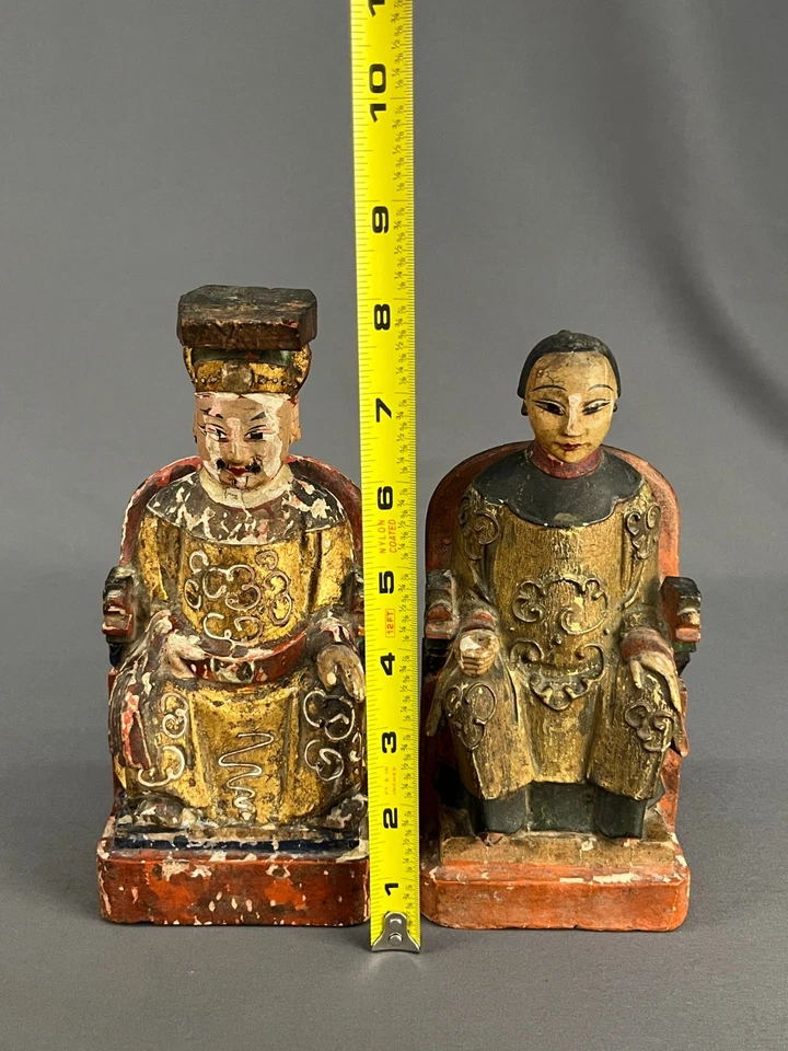 2 esculturas de templo de 7 3/4" de madera tallada pintada policromada china de la dinastía Qing Foto 3 de 4