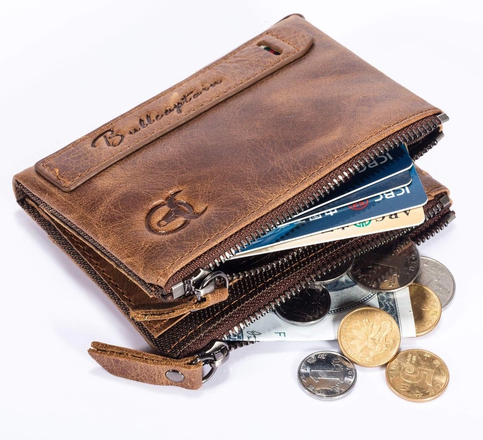 Men’s Genuine Leather Wallet – Vintage Cowhide Bifold With Double Zipper Pockets & Coin Compartment