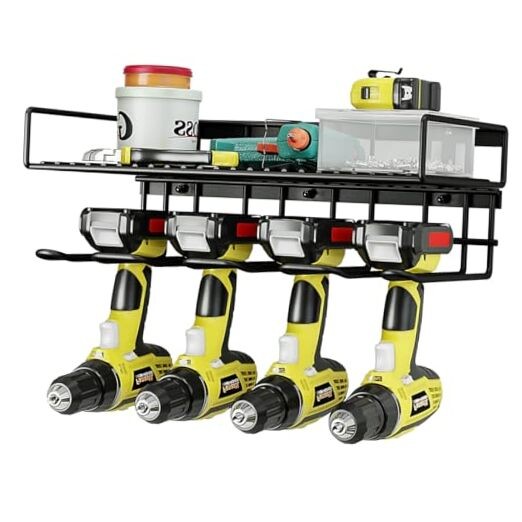 2-Layer Black Wall Mount Power Tool Organizer with 4 Drill Slots