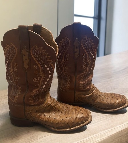 stivali lucchese cowgirl pelle pieno quill struzzo marrone/bianco taglia 10 B 35530 - Foto 3 di 11