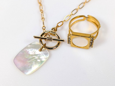 Gold Tone Mother of Pearl Paper Clip Necklace Toggle Clasp & Adjustable Ring Lot