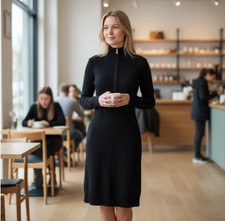 Lauren Ralph Lauren Sweater Dress XL Black Mock Neck Rack Stitch Zip Old Money