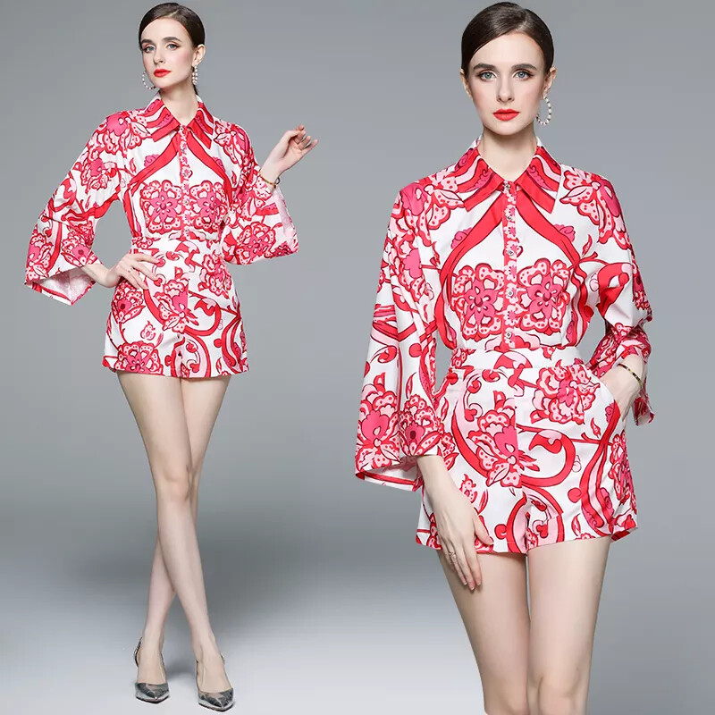 Traje Conjunto de Mujer Estampado Satén Colorido Pantalones Cortos Camisa Gitana