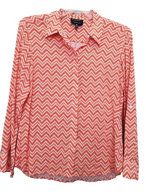 FOXCROFT Shaped Fit Orange Chevron Roll-Tab Sleeve Button-Up Shirt Size 12