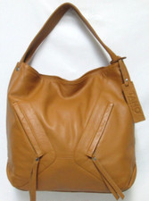 Tano Leather Shoulder Hobo Bag Purse Camel Brown Front Pockets Panel New