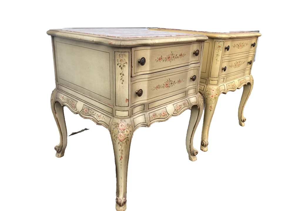 PAR DE MESITAS DE NOCHE VINTAGE ESTILO FRANCÉS por VAN SCIVER tapas de mármol rosa Foto 4 de 4