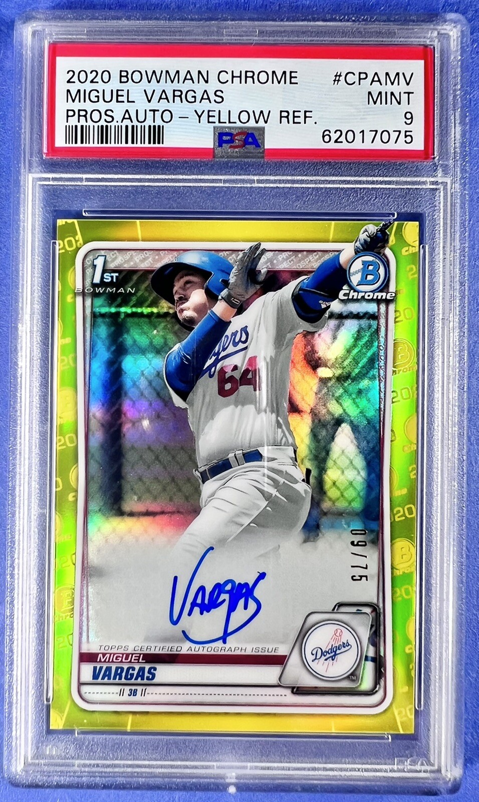 MIGUEL VARGAS 🔥 2020 1st Bowman Chrome Yellow Auto RC #/75 💎 PSA 9; POP 7
